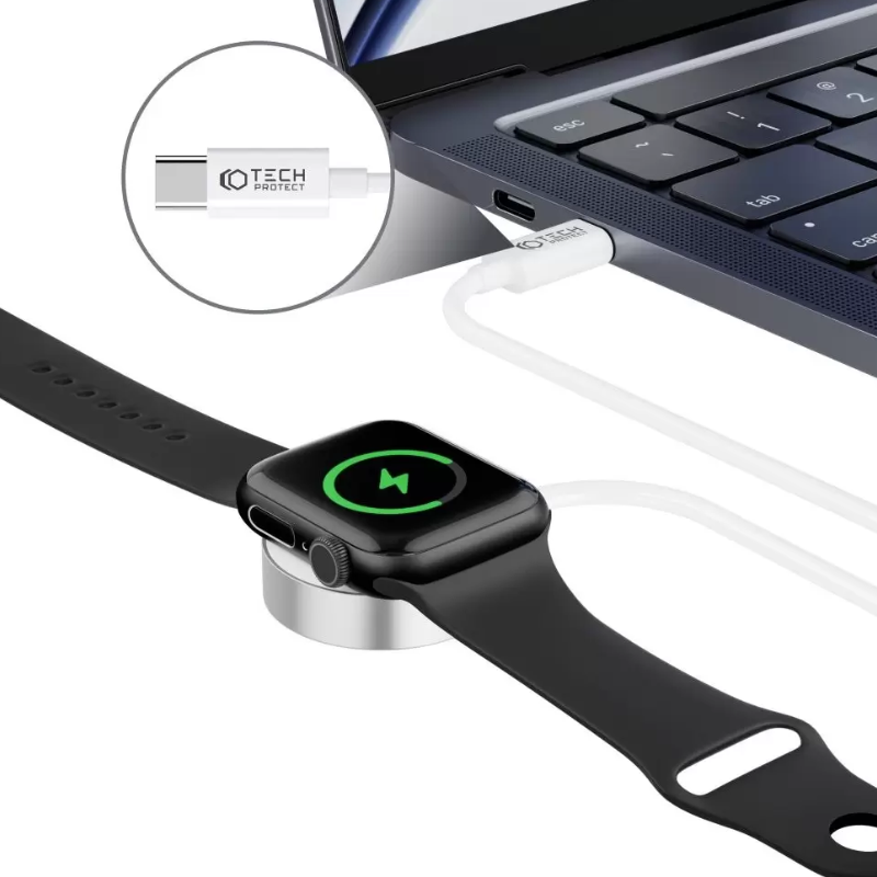 Fekete Apple Watch, fehér apple watch töltőfej töltés közben, tech-protect
